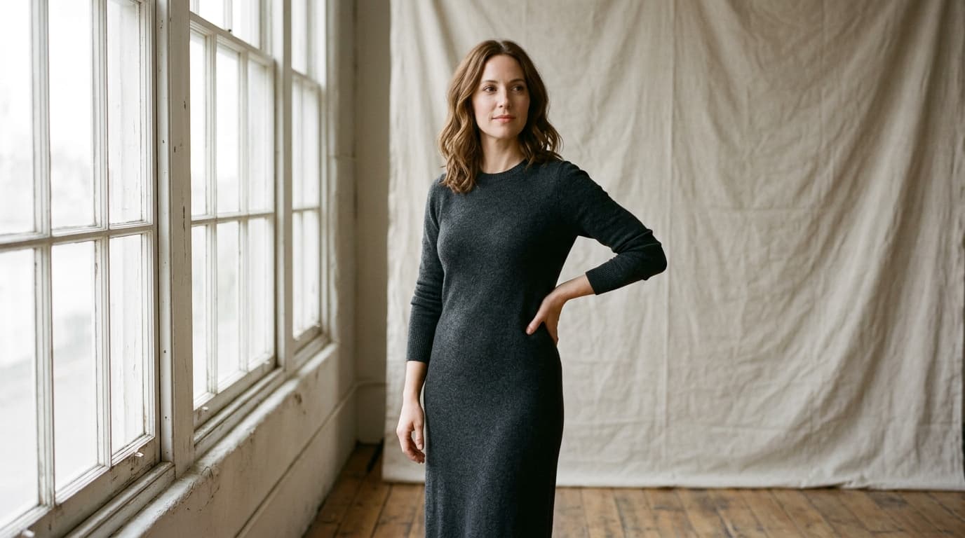 A woman in her late thirties standing in three-quarter view beside a tall studio window, wearing a fitted charcoal knit dress, one hand resting on her hip, in soft daylight against a linen backdrop