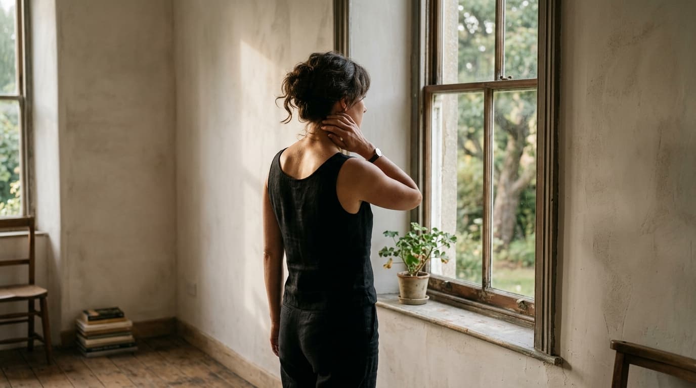 A woman in her early forties seen from behind, standing before tall sash windows in a quiet room with pale plaster walls and a wooden floor, wearing a fitted black linen sleeveless top with her dark hair pinned up, one hand resting on the back of her neck, a small potted plant on the sill, in soft daylight across her shoulders and upper back