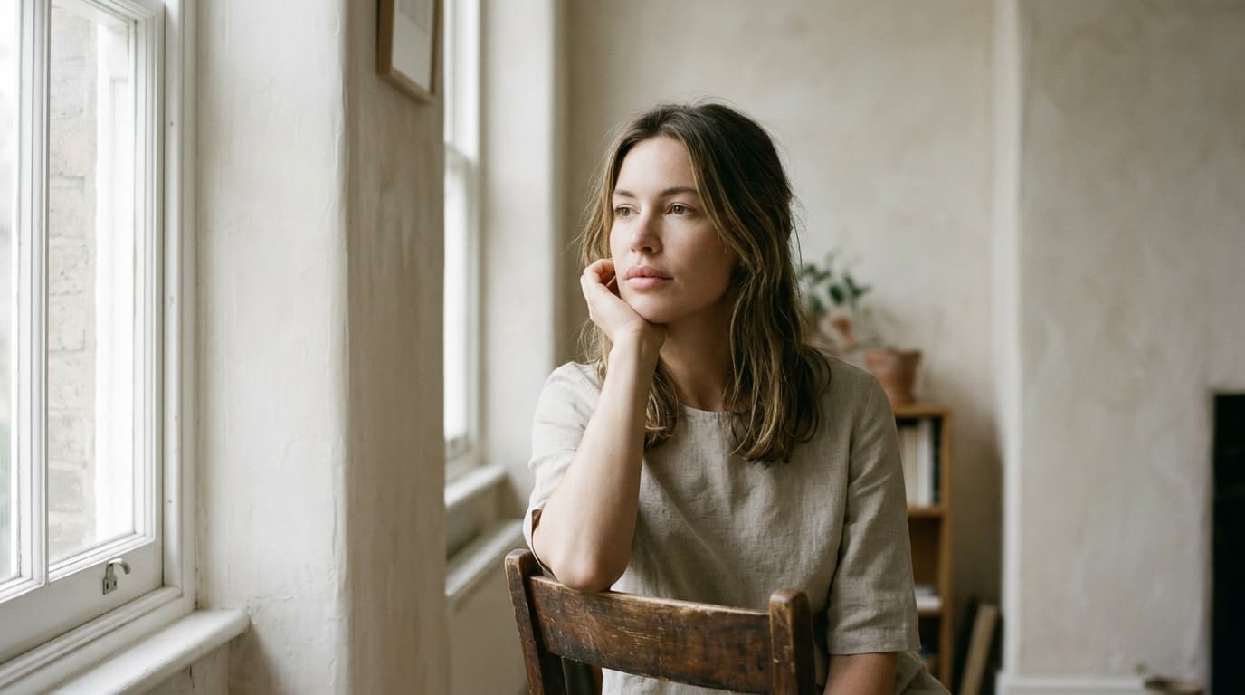 A woman in her early thirties with naturally full lips seated on a worn wooden chair beside a tall white sash window in a room with pale plaster walls, wearing a plain oatmeal linen top, her chin resting on the back of her hand, looking out toward the light with a neutral expression