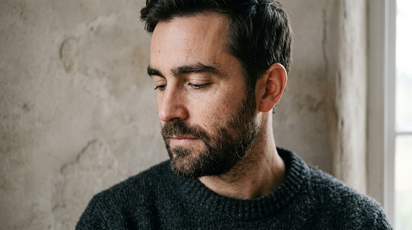 Three-quarter portrait of a man in his thirties with a short dark beard and full natural brows, eyes lowered, wearing a charcoal wool sweater, standing before a weathered pale plaster wall beside a window in soft diffused daylight, the texture of the beard and the direction of the brow hairs in sharp focus