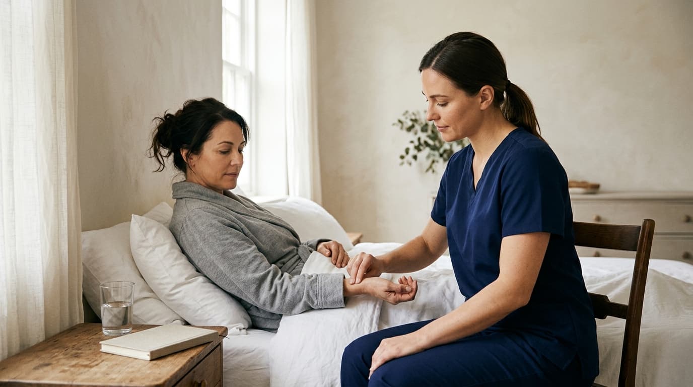 A woman in her forties with dark hair in a loose bun, wearing a soft grey robe, resting propped on white pillows in a bright bedroom with pale plaster walls, sheer curtains, and a eucalyptus plant, as a second woman in plain navy scrubs with a ponytail sits on a wooden chair at the bedside holding her wrist to check her pulse, a glass of water and a closed pale notebook on the wooden nightstand