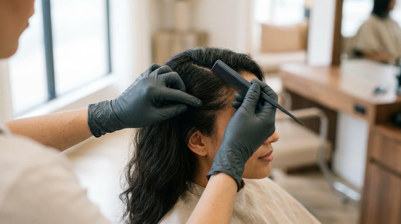 Close-up of a hairdresser's gloved hands gently parting a client's hair at the hairline in a bright salon, no visible product labels or logos