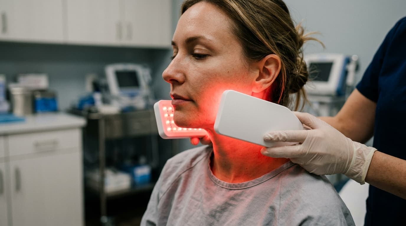 A gloved clinician holds a plain, unmarked white LED light therapy panel glowing red against a seated patient's jawline and neck in a clinical treatment room, out-of-focus equipment in the background, no visible branding or text on the device