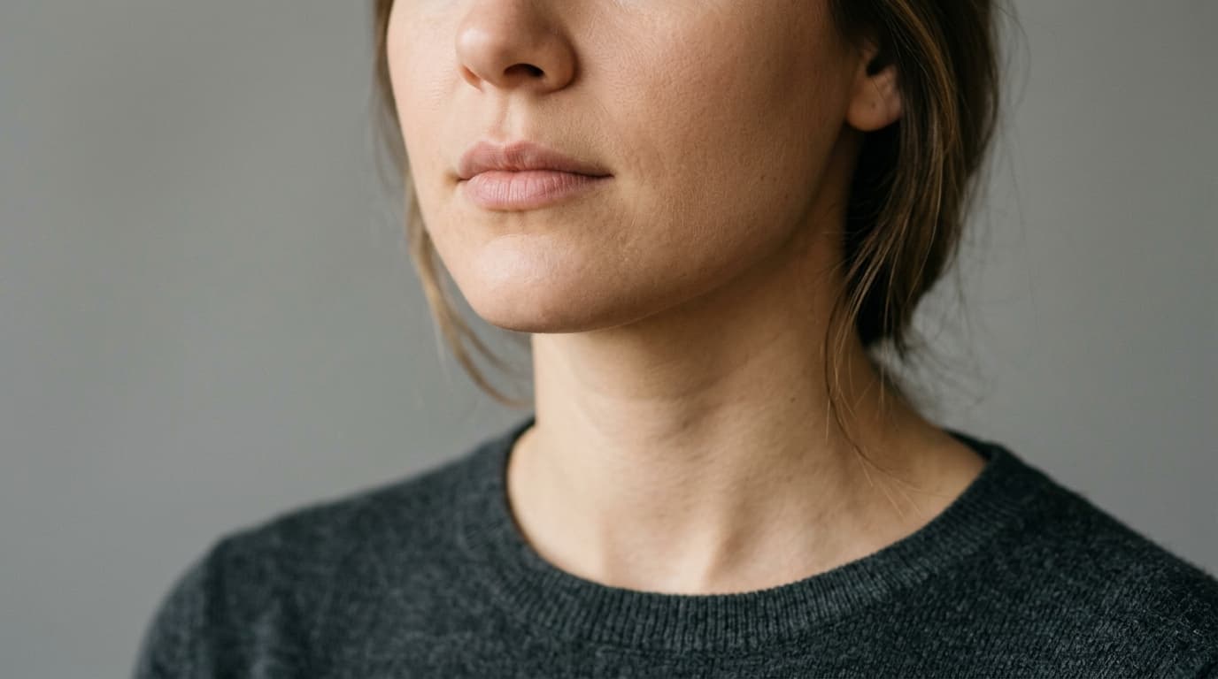 Close-up portrait of a woman's lower face, chin, jawline and neck in neutral repose, head turned slightly, plain dark grey knit sweater, soft natural lighting, bare grey background, no text or logos