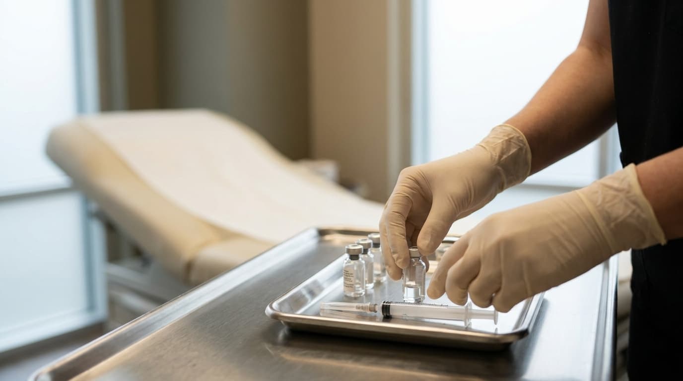 A clinician's gloved hands arrange several unlabeled glass vials and a reconstitution syringe on a stainless steel tray in a softly lit clinical treatment room, neutral background, out-of-focus examination table behind, no visible text or logos