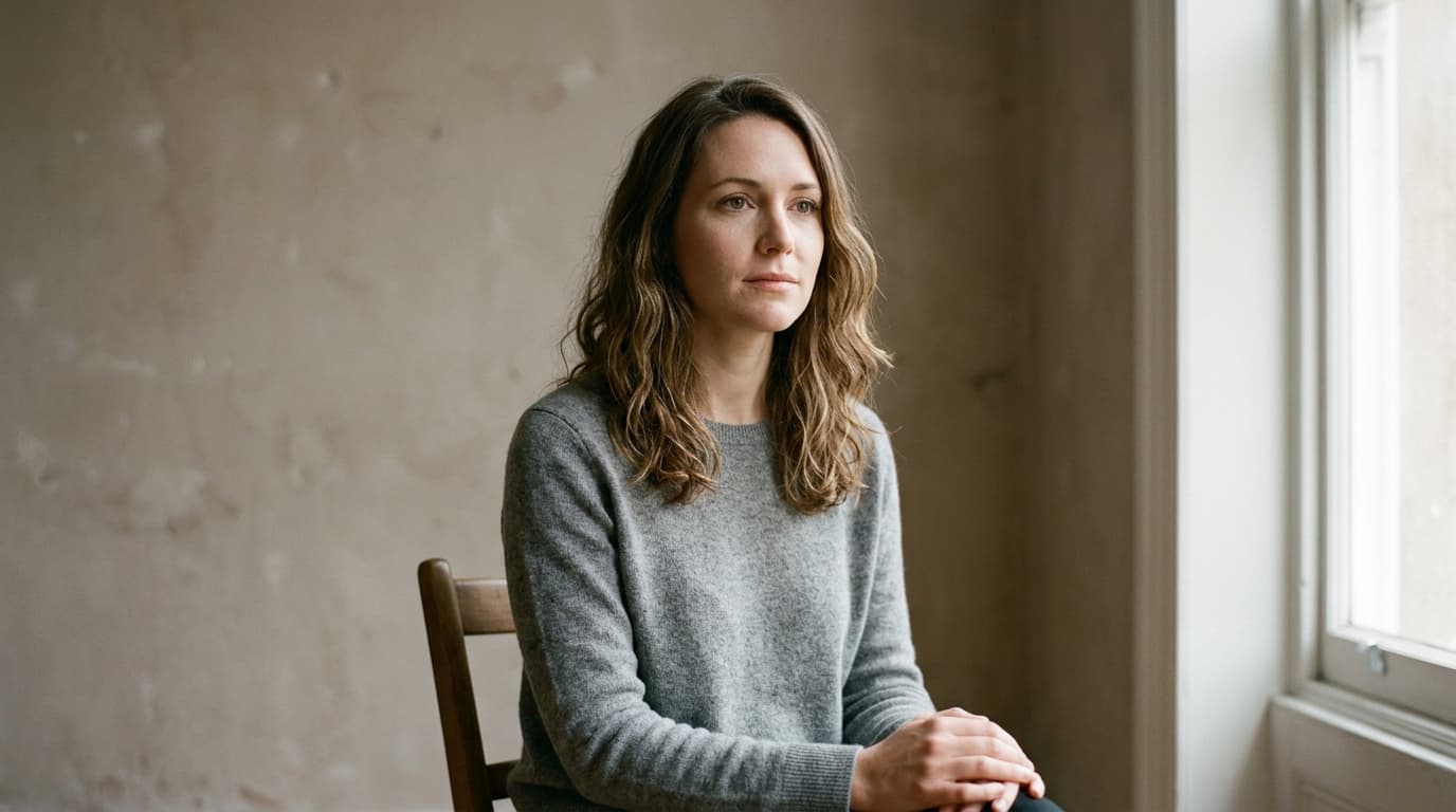 Editorial portrait of a woman in a plain grey knit sweater seated on a wooden chair beside a window in a bare room with a textured plaster wall, soft natural light, no visible text