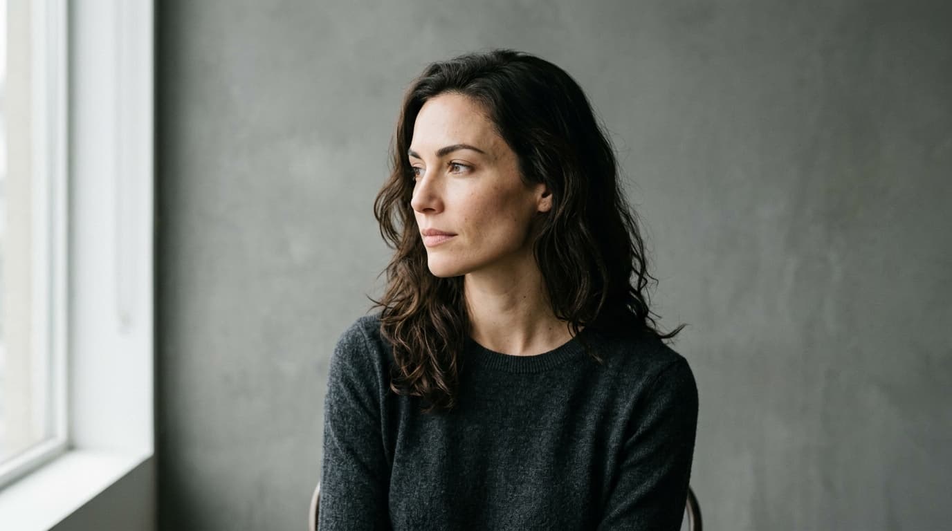 Portrait of a woman with long dark wavy hair in three-quarter view looking toward a window, cheekbone and jawline in soft side light, plain charcoal knit sweater, bare grey concrete wall, no text or logos