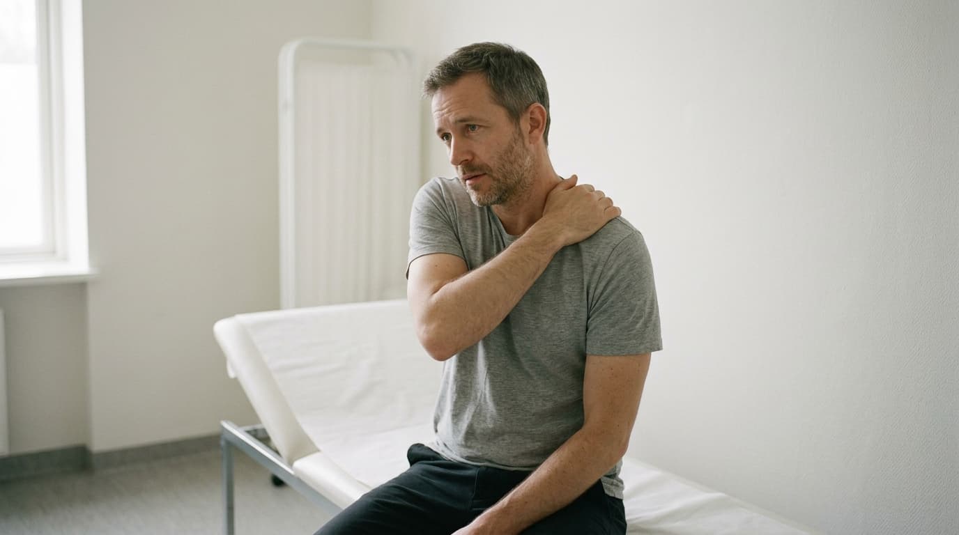 A man in his early forties in a plain grey t-shirt and dark trousers, seated on the edge of a white examination bench in a bare, light-filled clinic room, holding the back of his shoulder with a thoughtful, slightly concerned expression