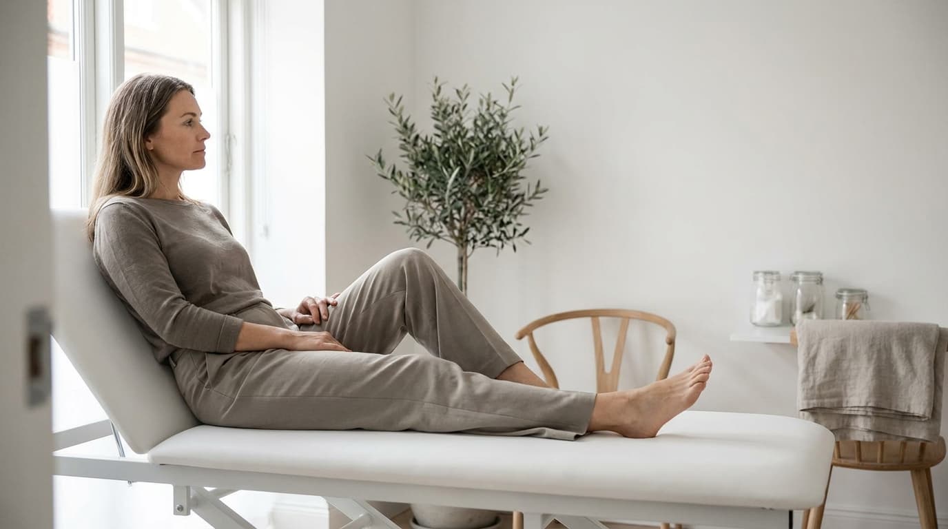 A woman seated on the edge of a treatment table in a bright clinical room, legs extended in soft natural window light, photographed from the side in a calm editorial style