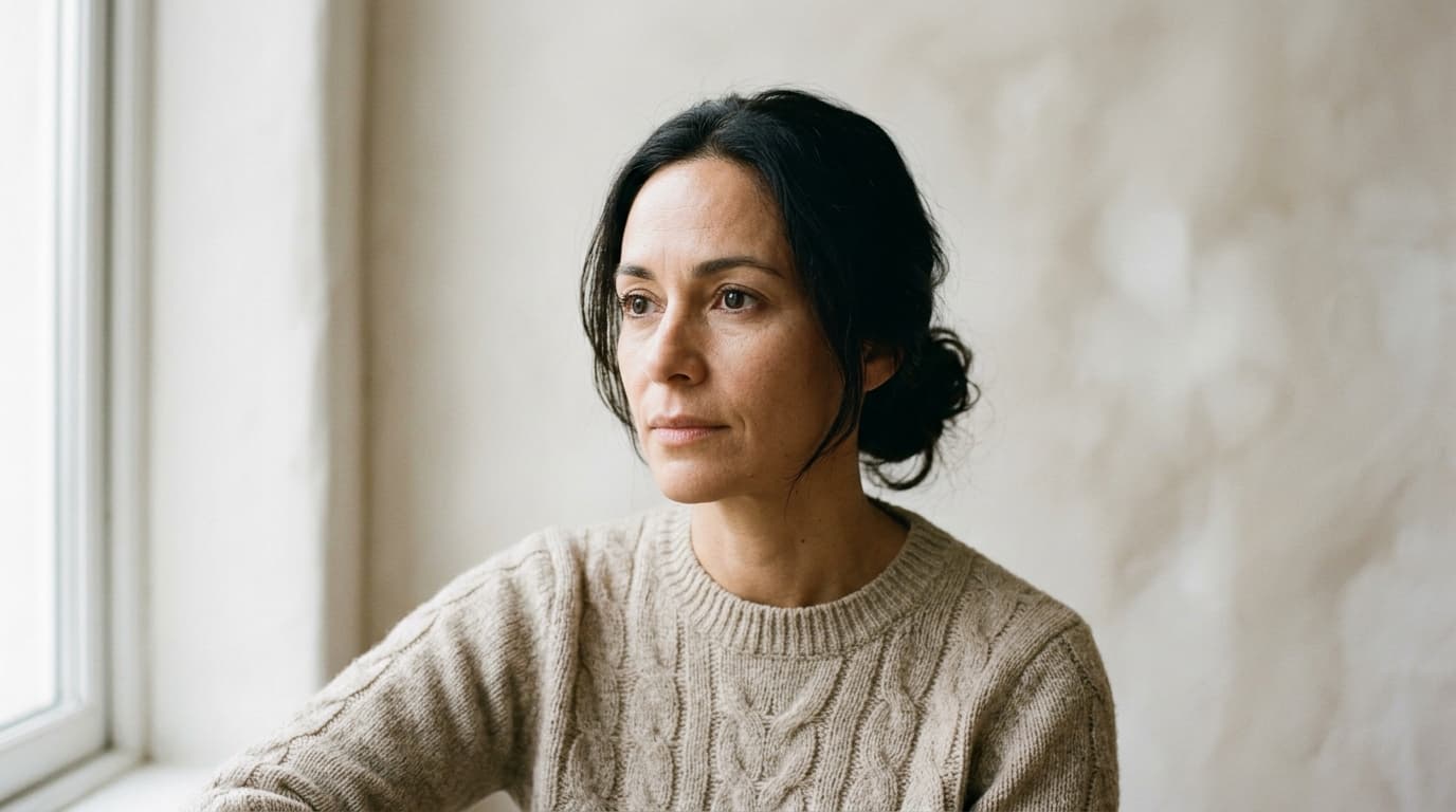 A woman in her early forties with dark hair gathered in a loose low bun, wearing a plain oatmeal cable-knit sweater, seated beside a tall window in soft daylight against a bare warm white plaster wall, looking off to the side