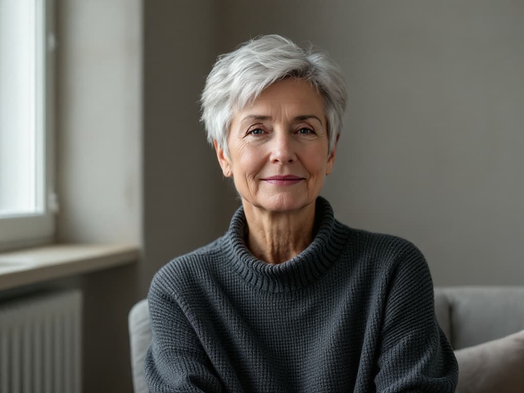Editorial portrait of a woman with short silver hair in a charcoal turtleneck sweater seated beside a bright window in a bare room with a pale gray wall, soft natural side light, no visible text