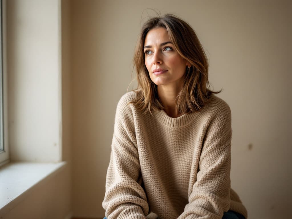 Editorial portrait of a woman in her early forties with shoulder-length light brown hair, wearing a loose oatmeal knit sweater, seated in a bare room with a warm off-white plaster wall, soft natural window light from the side