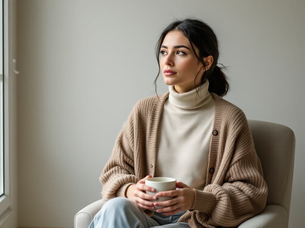 Editorial portrait of a woman with dark hair tied back, wearing a cream turtleneck under a loose oatmeal knit cardigan, seated in a pale armchair holding a white ceramic mug and looking toward a window in soft natural light