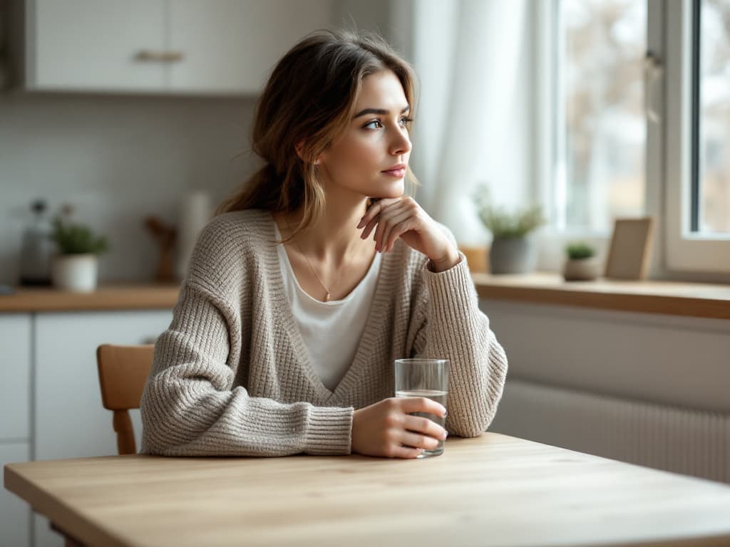 Editorial photograph of a young woman in a loose oatmeal knit cardigan seated at a light wood kitchen table, holding a glass of water and looking thoughtfully toward a bright window
