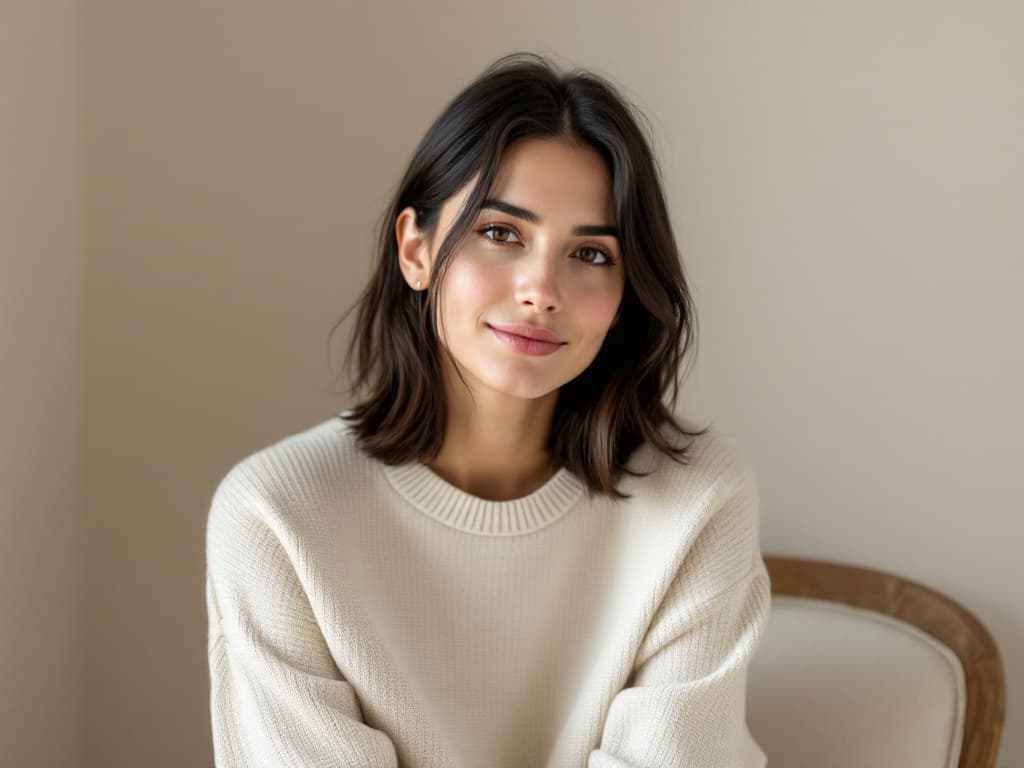 Editorial portrait of a woman in her thirties with shoulder-length dark hair in a plain cream sweater, seated in a softly lit room against a pale wall with a relaxed closed-mouth smile