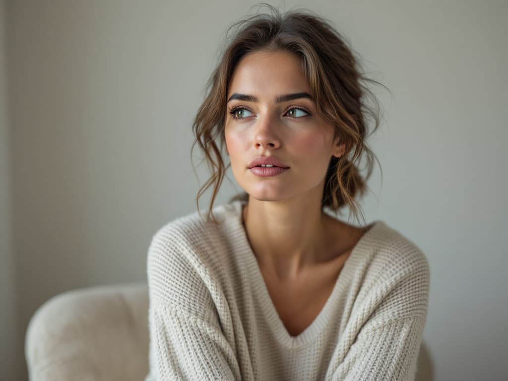 A woman around thirty with brown hair loosely pinned up, wearing a cream knit sweater, seated on a pale upholstered chair against a plain grey wall, lips slightly parted, looking thoughtfully off to the side