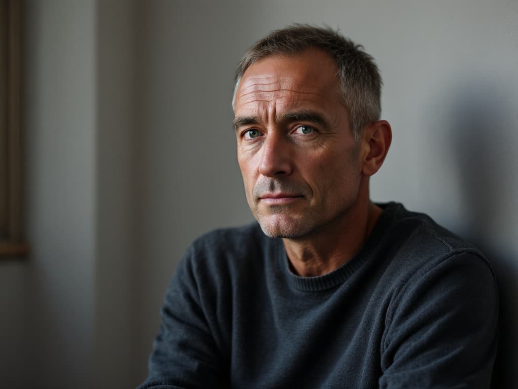 A man around fifty with short greying hair, wearing a dark charcoal crewneck sweater, seated against a plain grey wall in soft side light, looking toward the camera with a serious, thoughtful expression