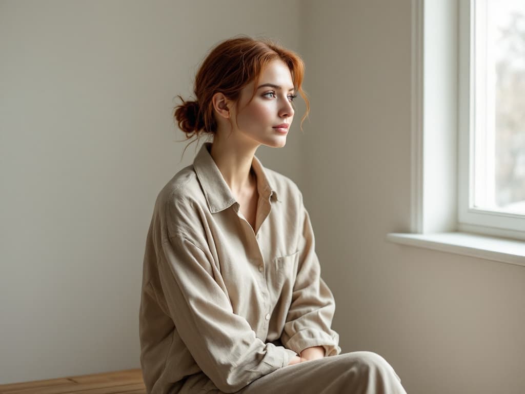 Editorial portrait of a young woman with auburn hair in a loose low bun, wearing an oversized oatmeal linen shirt open at the collar, seated in a bare white room and looking toward a window in soft morning light