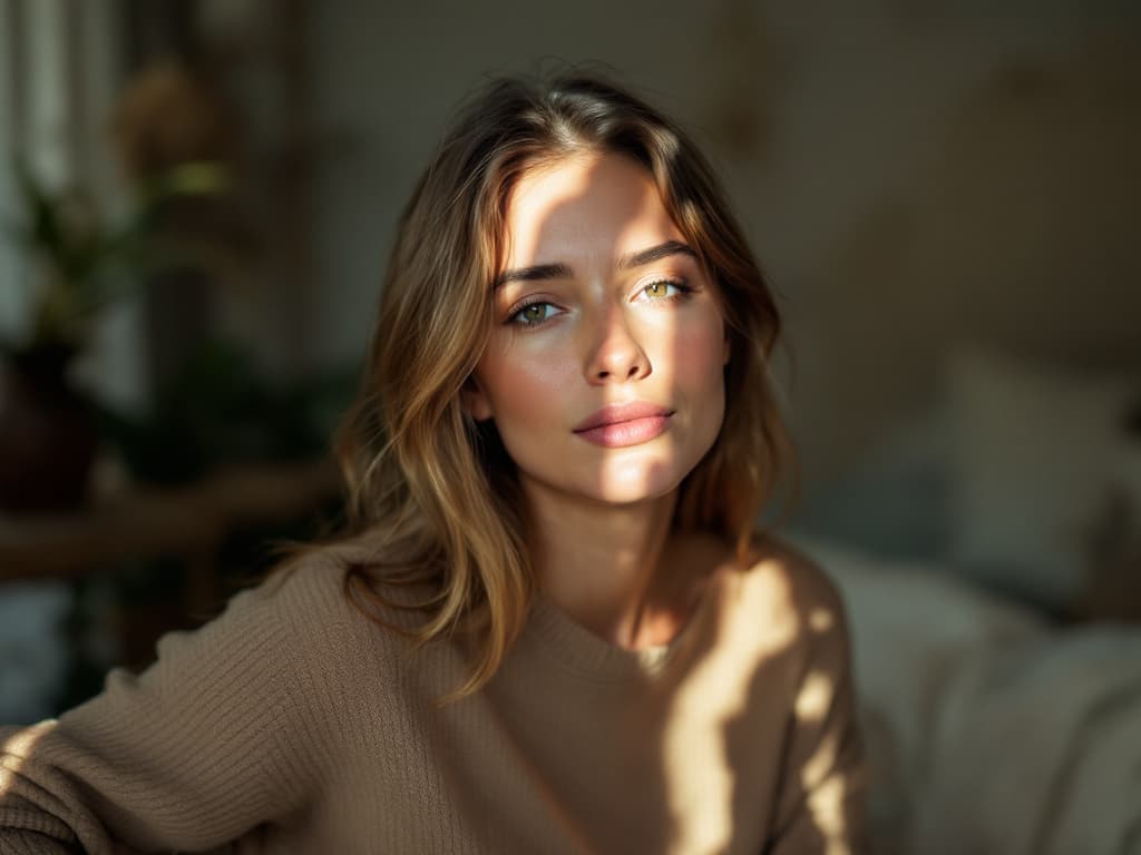 Editorial portrait of a young woman with shoulder-length wavy light brown hair and clear natural skin, wearing a taupe knit sweater, with dappled window light falling across her face in a softly blurred living room