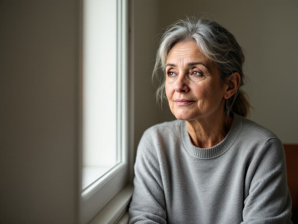 A woman in her sixties with grey hair pulled loosely back, wearing a grey crewneck sweater, seated beside a bright window in a plain room and looking out with a faint smile