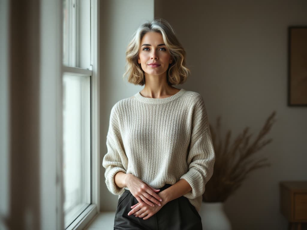 A woman in her forties with a wavy ash-blonde bob, wearing a loose cream knit sweater and dark trousers, standing beside a tall window in a softly lit room with her hands loosely clasped at her waist, a vase of dried grasses blurred in the background