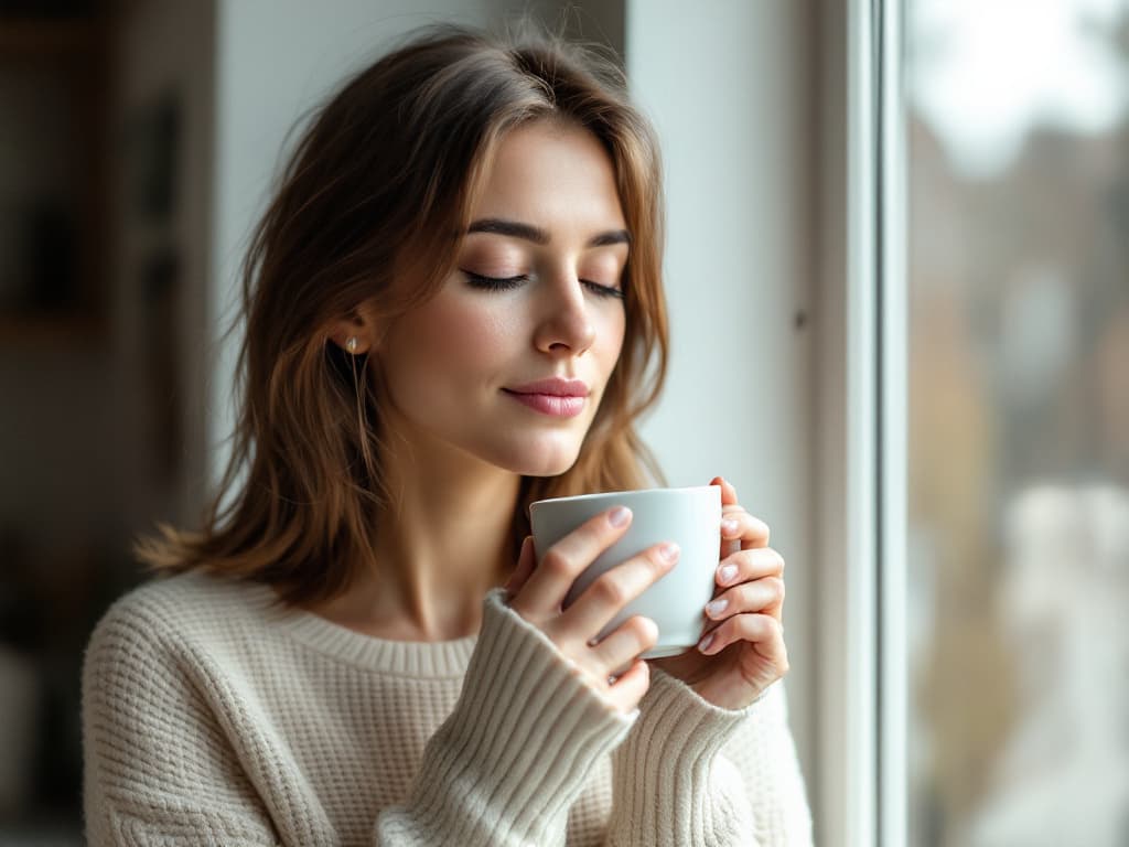 A woman around thirty with shoulder-length brown hair, wearing a cream ribbed knit sweater, standing beside a bright window with her eyes closed, holding a white ceramic mug of coffee close to her face as if breathing in its aroma
