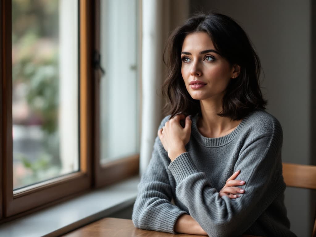 A woman in her early thirties with dark shoulder-length hair, wearing a grey crew-neck knit sweater, seated at a wooden table by a window with one hand resting on her opposite shoulder, looking out thoughtfully