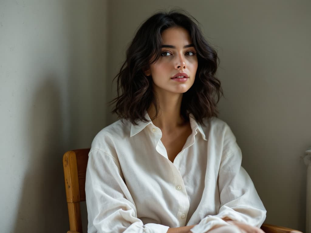 A woman in her late twenties with dark wavy shoulder-length hair, wearing a loose cream linen shirt with an open collar, seated in a wooden chair beside a bare grey wall in soft window light, hands resting in her lap, looking calmly toward the camera