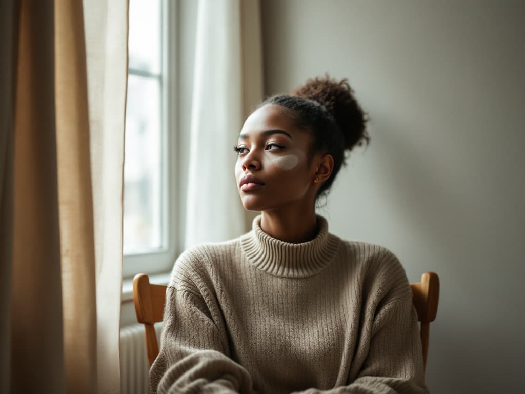 A woman in her twenties with dark brown skin and her hair in a high curly bun, a single pale patch of skin on her cheek below one eye, wearing an oversized oatmeal turtleneck sweater, seated on a wooden chair beside a window with linen curtains and looking out toward the light