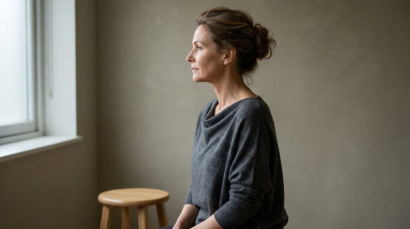 Profile of a woman in her fifties seated by a window with her hair pinned up, the base of her neck and upper back visible in soft daylight