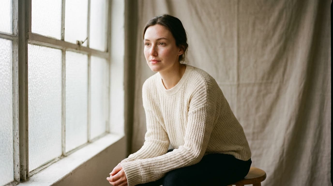 A woman in her late twenties seated on a wooden stool beside a frosted window in three-quarter profile, hands clasped, cream knit sweater, linen backdrop, soft daylight across the nose and cheek