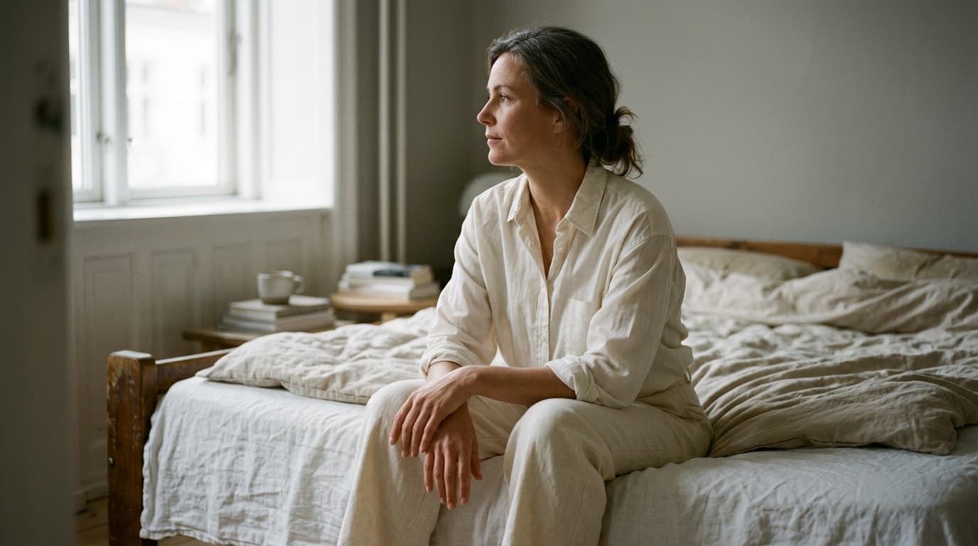 A woman in her forties seated at the edge of a linen-covered bed in soft morning light, wearing a loose white shirt and high-waisted trousers, hands resting on her lap, face turned toward a window