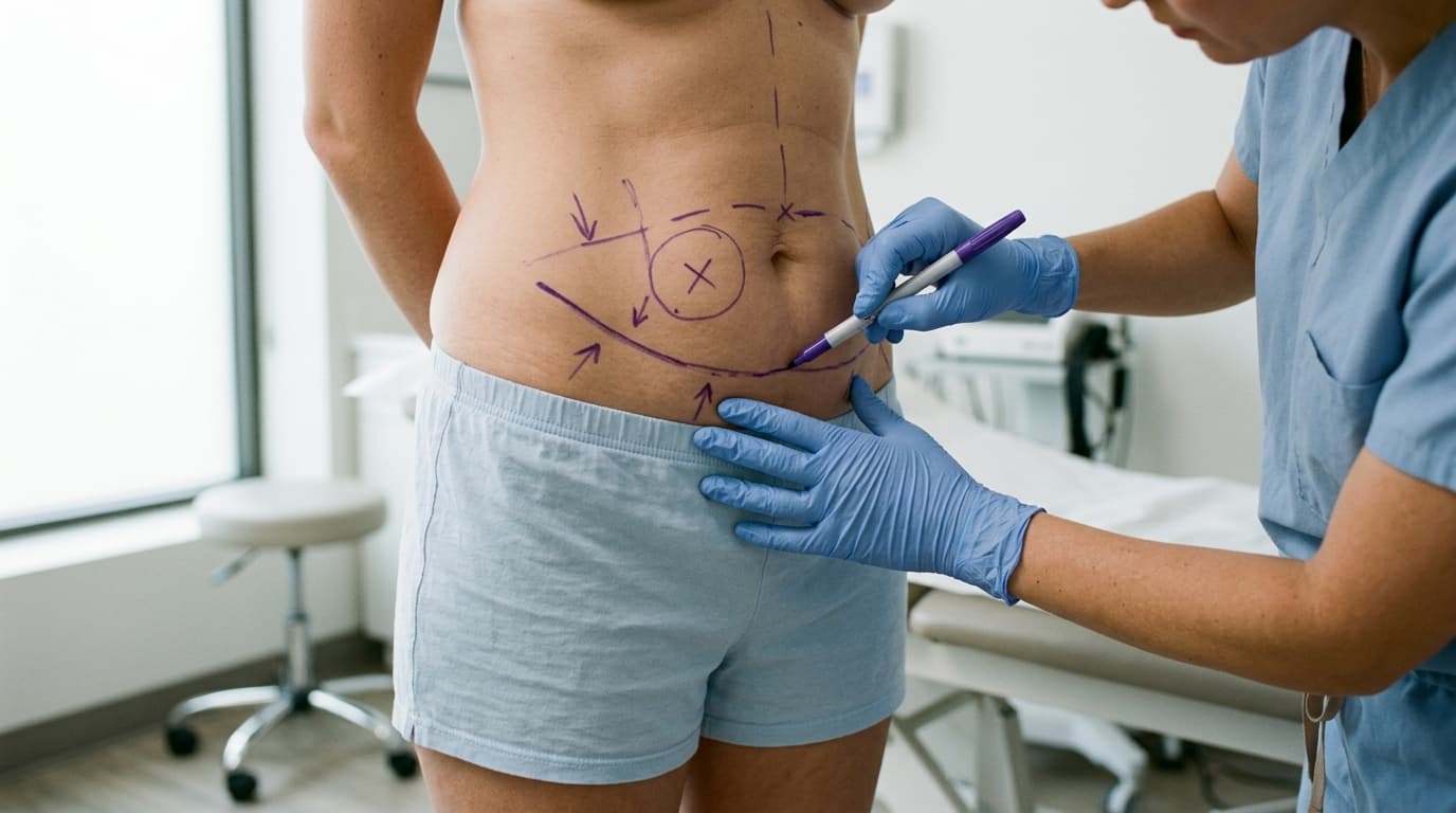 A surgeon in blue scrubs and gloves drawing purple preoperative marking lines, including a dashed vertical midline and a low curved horizontal line, on the abdomen of a patient standing in a bright consultation room