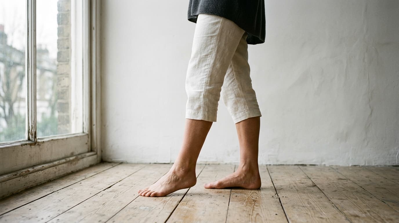 A woman photographed from the waist down standing barefoot on worn pale wooden floorboards beside a tall paned window, wearing cropped ivory linen trousers and a charcoal knit top, one foot stepped forward with the heel lifted, her calves and ankles in soft overcast daylight against a plain white plaster wall