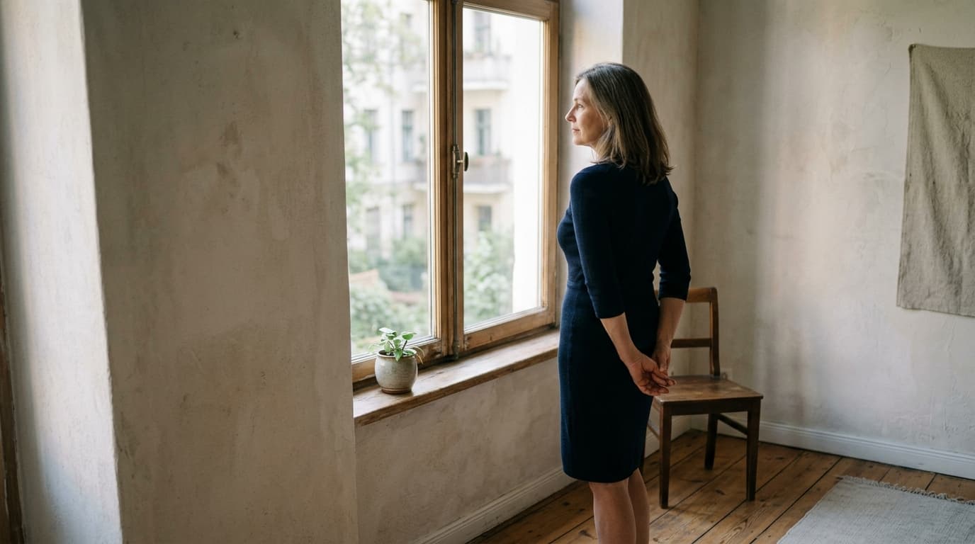 A woman in her early fifties seen in three-quarter view from behind, standing at a tall window in a quiet apartment in a navy fitted knit dress, hands clasped loosely behind her back, a small potted plant on the sill, soft daylight on pale plaster walls and a wooden floor, a single wooden chair beside her