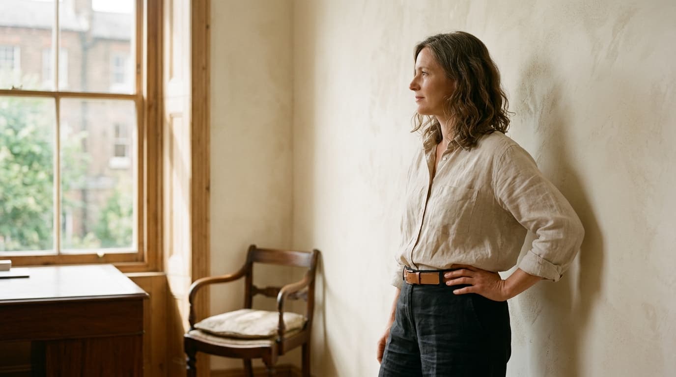 A woman in her forties in profile, wavy shoulder-length hair, a pale linen shirt tucked into dark trousers with a tan belt, one hand resting on her hip, standing against a pale plaster wall and looking toward a tall sash window, a wooden chair and desk beside her, soft diffused daylight