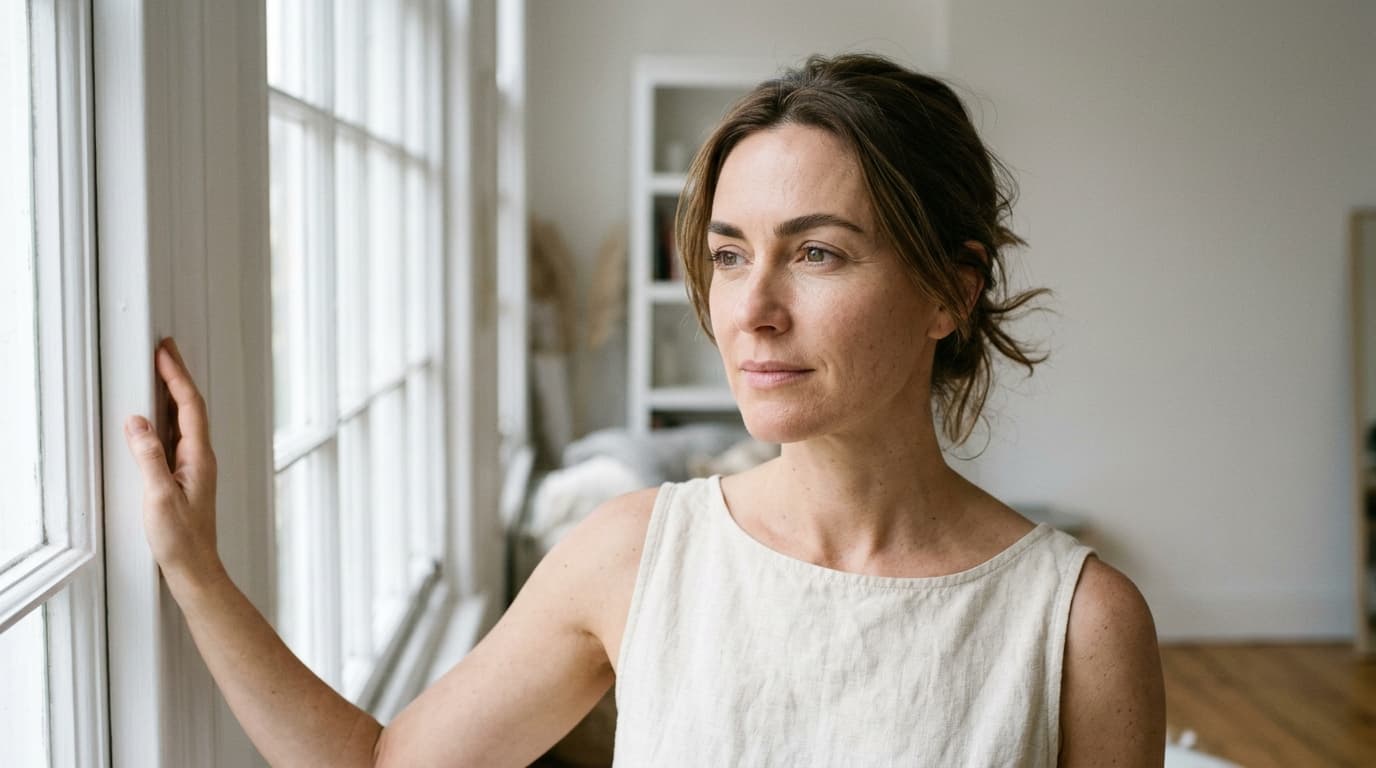 A woman in her early forties in three-quarter view, one hand resting on the frame of a tall white-paned window as she looks out, eyes open and relaxed, natural full brows with a soft arch, hair pinned up loosely, wearing a sleeveless cream linen top, soft morning daylight on natural skin texture, white shelves and pale walls behind