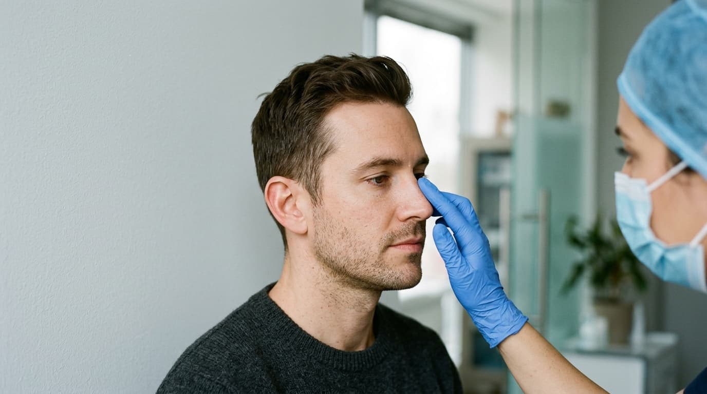 A man in his early thirties with short dark hair and light stubble, in a charcoal sweater, seen in profile against a pale grey clinic wall in soft window light, while a masked clinician's blue-gloved hand rests on the bridge of his nose during a consultation