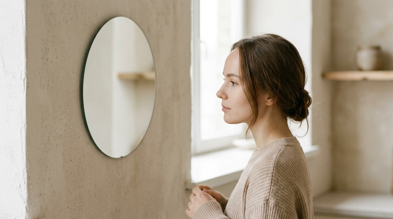 A young woman in her mid-twenties in a beige knit sweater, hair in a low bun, seen in profile in soft window light with a smooth unlined forehead, standing before a round frameless mirror on a pale plaster wall in a quiet minimal room