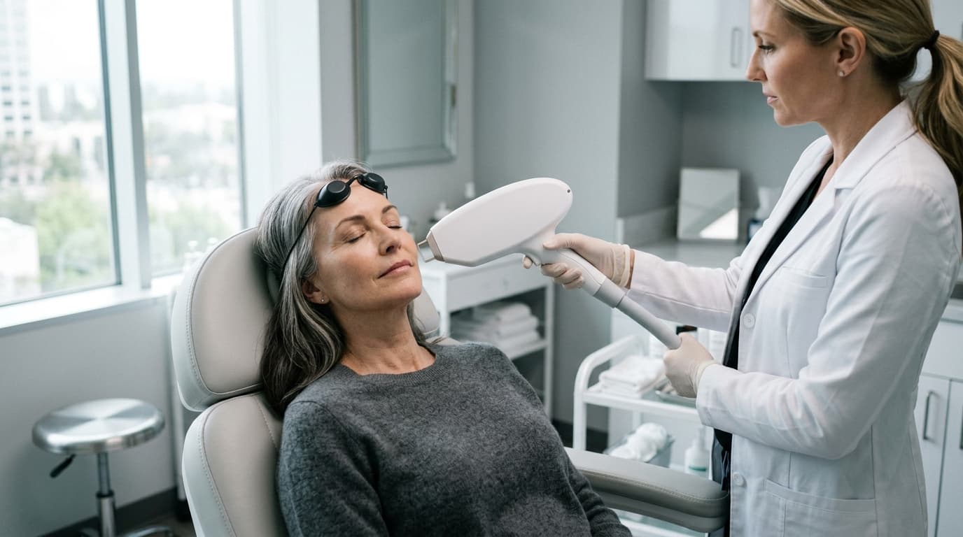 A woman in her fifties with silver-streaked dark hair, in a grey sweater, reclines in a pale grey treatment chair with her eyes closed and dark protective goggles pushed up on her forehead, while a clinician in a white coat, seen in profile, holds a plain white laser handpiece in a gloved hand a few inches from her cheek in a bright clinic room with a large window