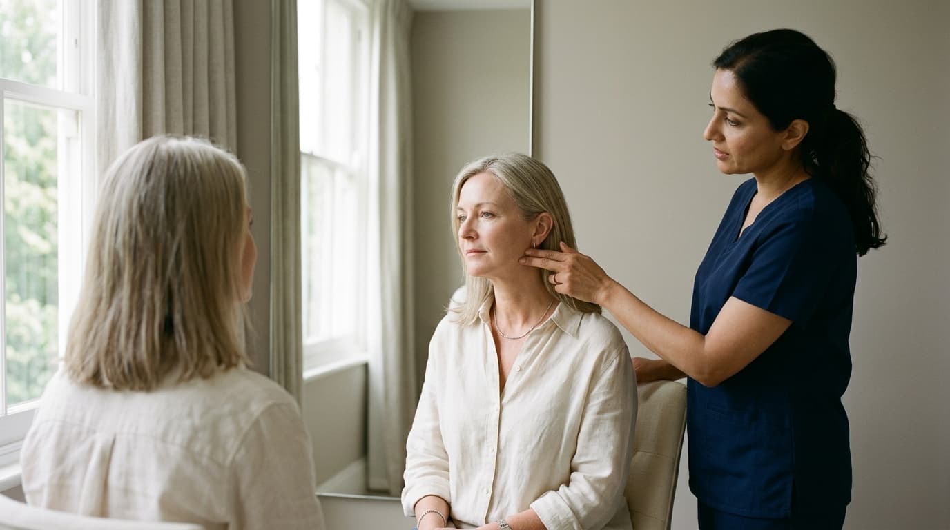 A woman in her early fifties with shoulder-length ash-blonde hair and a cream linen blouse, seen from behind in the foreground and face-on in the reflection of a large plain wall mirror, sits in a bright consultation room while a surgeon with dark hair tied back, in a plain navy scrub top, stands beside her and rests two fingertips on the skin just in front of her ear along the jawline