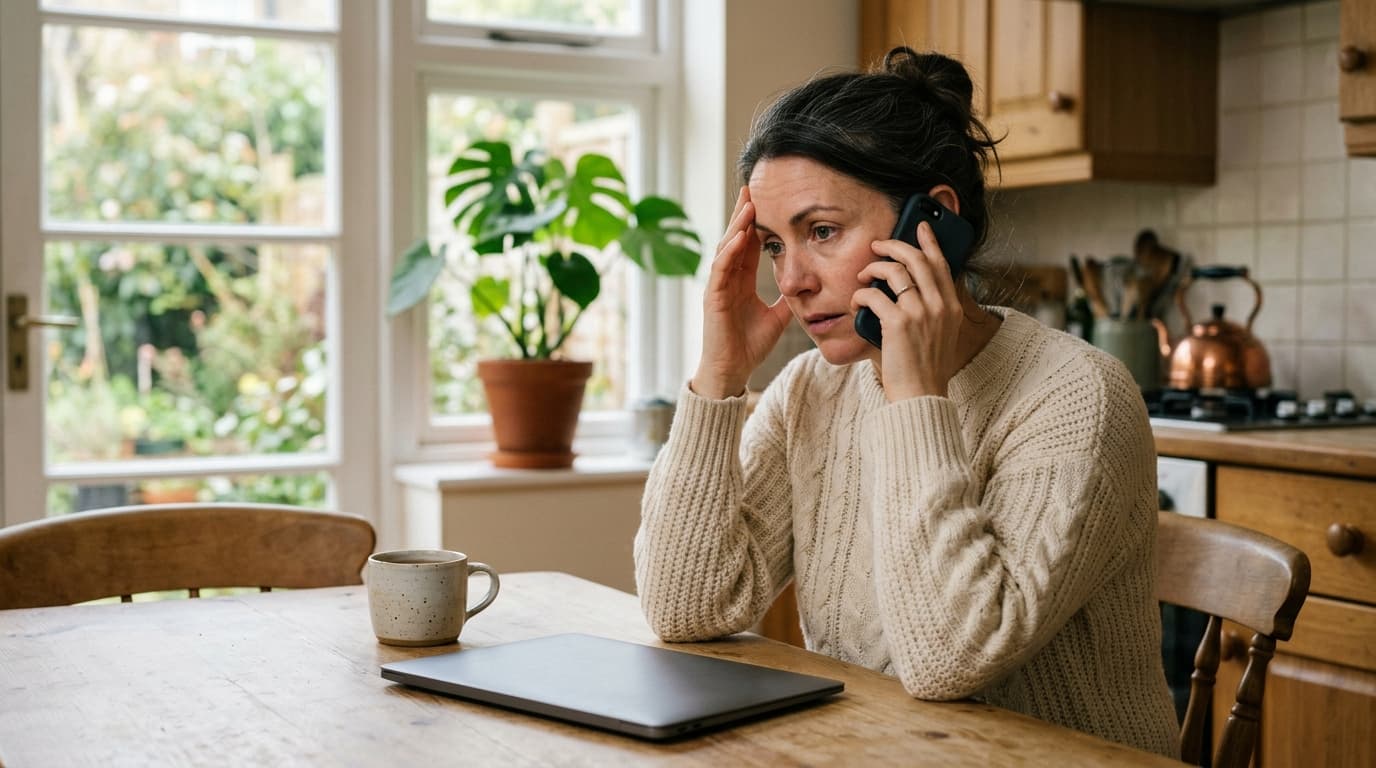 A woman in her forties with dark hair streaked with grey pulled into a loose bun, wearing a cream cable-knit sweater, sitting at a worn wooden kitchen table in soft daylight, holding a dark phone to her ear with her other hand pressed to her temple, a closed plain grey laptop and a speckled ceramic mug on the table, a monstera plant in a terracotta pot on the windowsill, a copper kettle and wooden cabinets in the kitchen behind her, no text or papers visible
