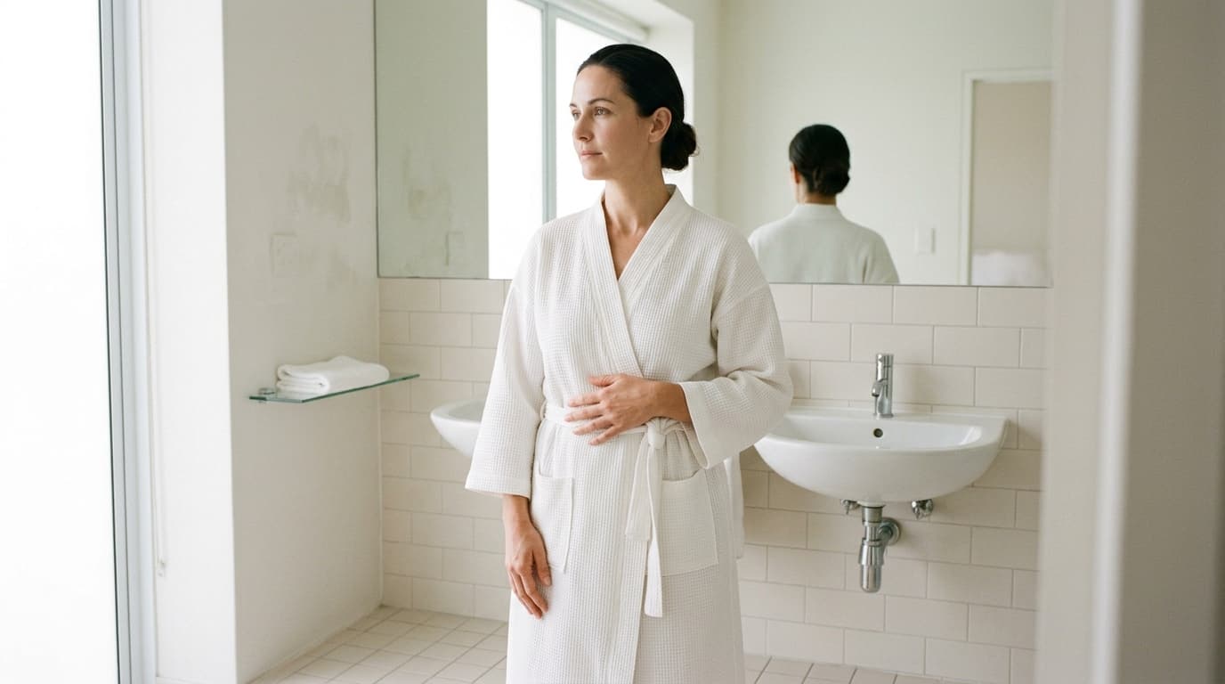 A woman in her forties with dark hair pulled back, standing in three-quarter view in a bright bathroom with pale tile and a large mirror, wearing a plain white robe loosely tied, one hand resting just below her ribs, soft morning light from an unseen window, no visible scars or markings, calm neutral expression