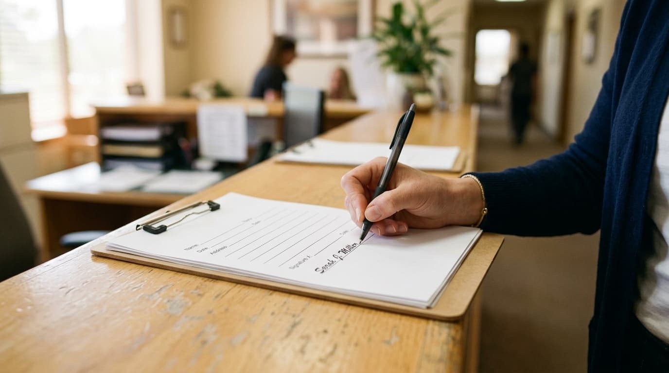 A close-up of a hand signing a paper intake form on a clipboard at a medical reception desk, soft natural window light, a blurred waiting area and hallway in the background, no visible faces
