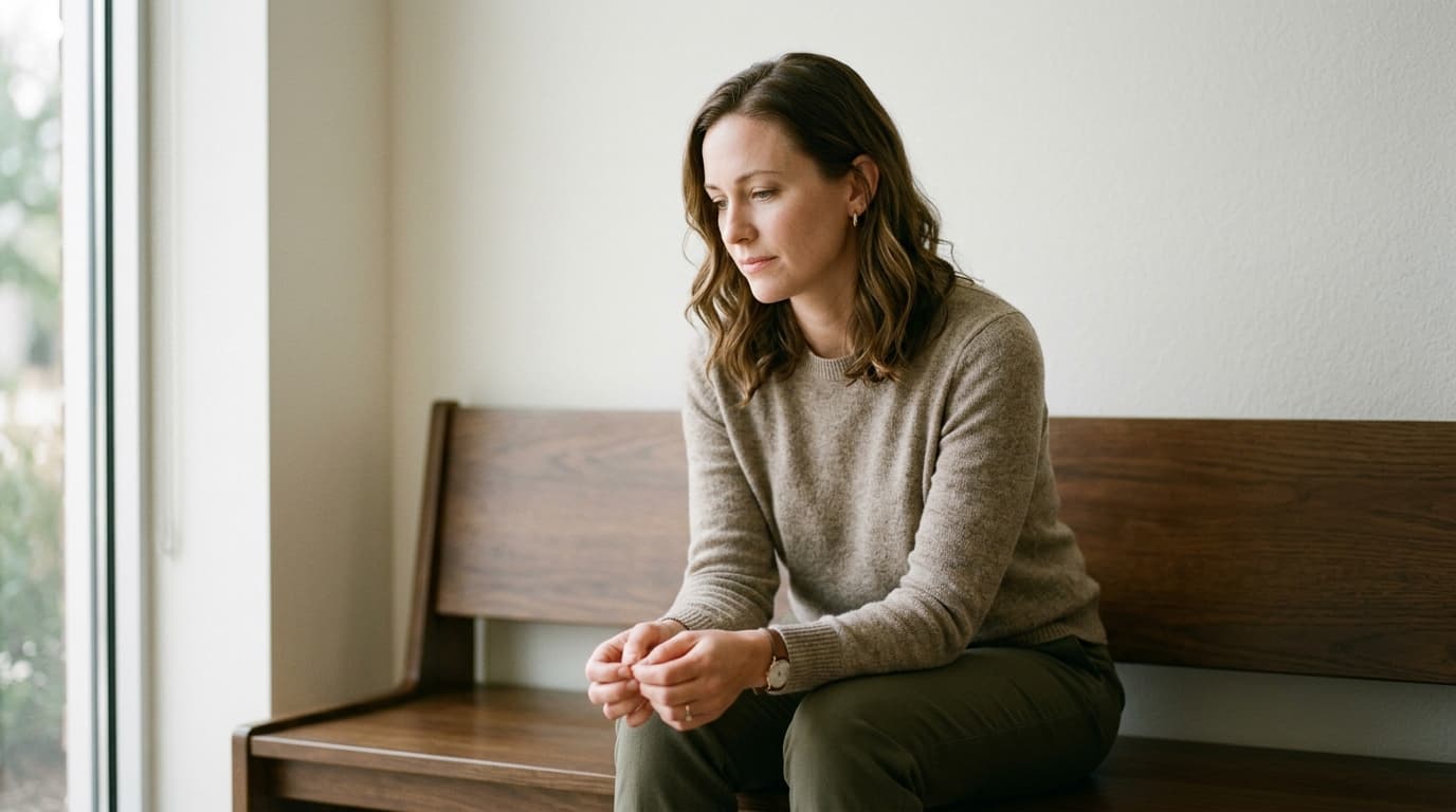 A woman in her thirties sitting alone on a bench in a quiet, softly lit waiting area, hands loosely clasped in her lap, wearing plain neutral clothing, calm but pensive expression, out-of-focus plain wall behind her, no signage or medical equipment visible, natural window light