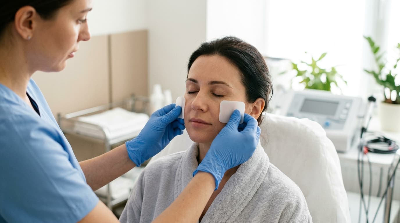A gloved clinician holds two plain, unmarked white silicone electrode pads against a seated patient's cheeks in a bright clinical treatment room, patient in a robe with eyes closed, soft neutral background, out-of-focus equipment, no visible text or logos