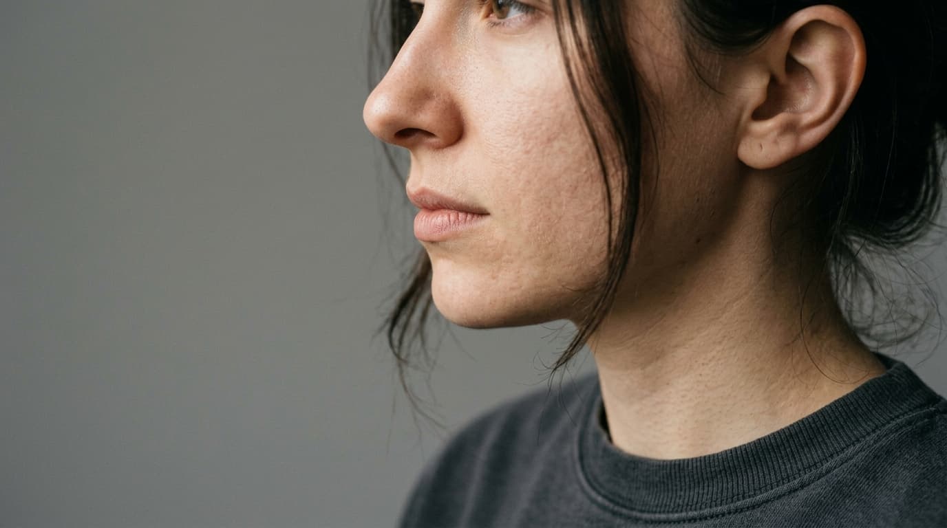 Close-up profile portrait showing the natural curve of a nose, columella, and upper lip against a plain neutral studio background, soft directional light, no jewelry or visible text