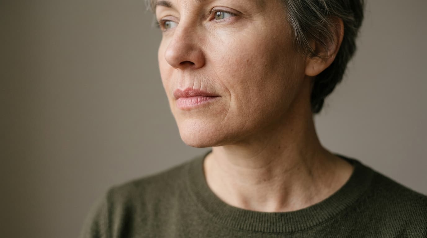 Close-up profile portrait of a woman's lower face showing fine vertical lines above the upper lip, soft natural lighting, plain neutral studio background, no text or logos