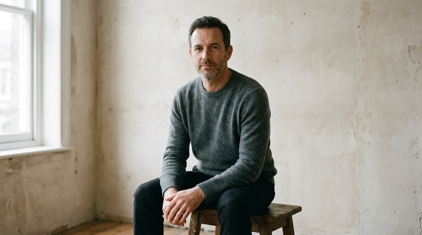 A man in his forties with short dark hair and a greying beard, wearing a plain grey crewneck sweater and dark trousers, seated on a worn wooden stool with his hands clasped, in a bare room with a weathered plaster wall beside a tall window