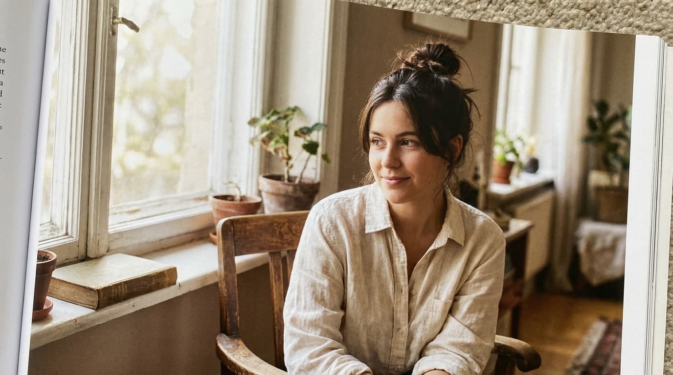 A young woman with dark hair pulled back, wearing a simple cream linen shirt, seated near a window in soft natural light, smiling slightly and looking away from the camera
